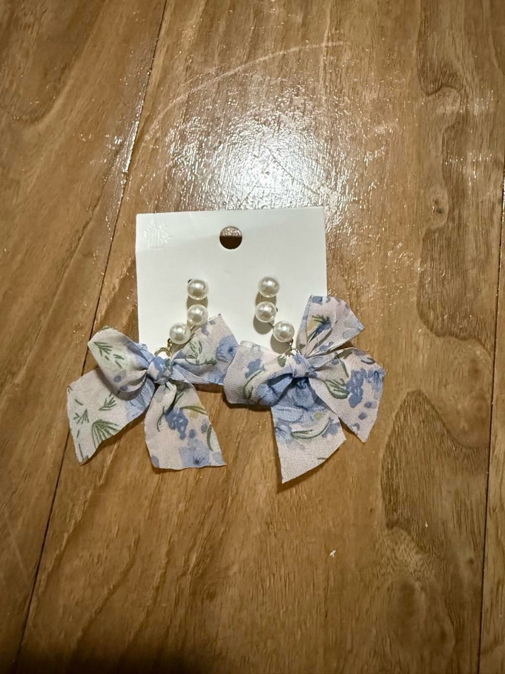 Pearl and Floral Bow Drop Earrings - Blue